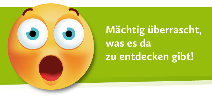 Teaser zum Praktikum mit einem Smiley, das sehr erstaunt guckt und dem Text: Mächtig überrascht, was es da zu entdekcne gibt!